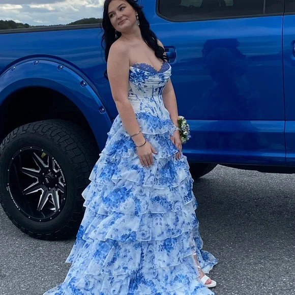 sherri hill blue floral ruffle dress Buy dress style № 54843 designed by SherriHill main image 1